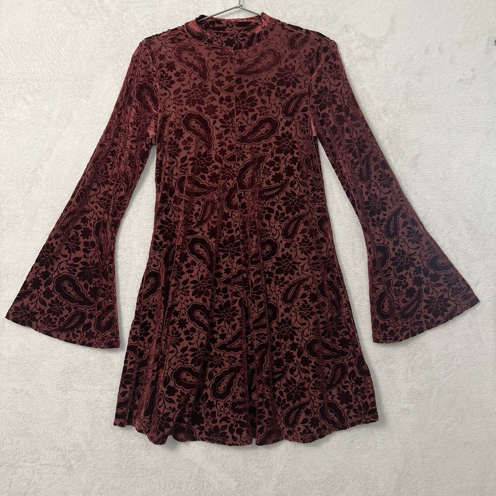 Old Navy Velvet Paisley Mini Dress Women's Medium Burgandy Lined Long Sleeve
